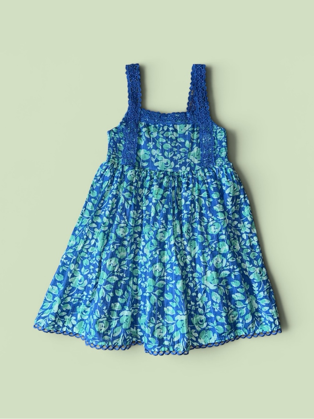 Joie Blue & Green Floral Smocked Sundress Eyelet Lace Girls Size 6 Whimsical